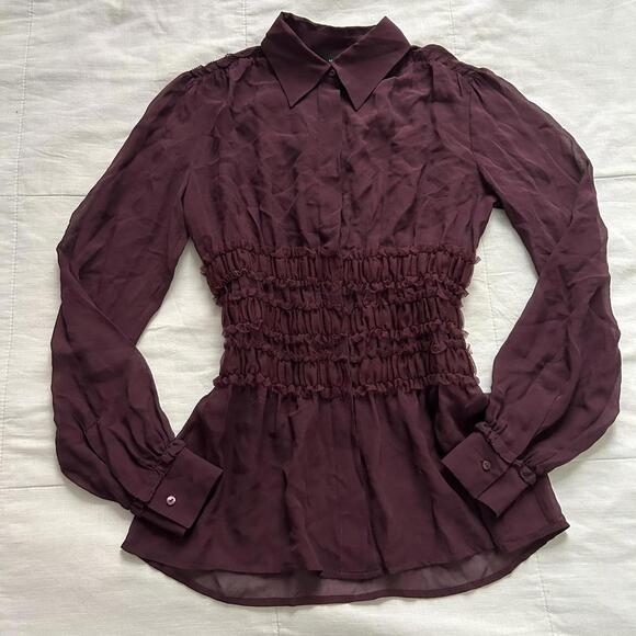 Moda International Tops - Moda international sheer silk Burgundy Y2K ruffle waist blouse long sleeves